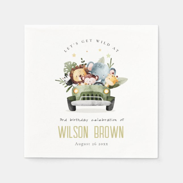Cute Wild Tropical Jungle Animals in Car Birthday Napkins (Front)