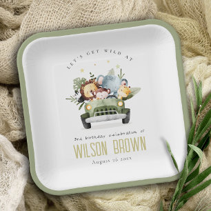 Cute Wild Tropical Jungle Animals in Car Birthday Paper Plates