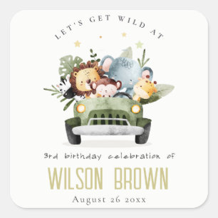 Cute Wild Tropical Jungle Animals in Car Birthday Square Sticker