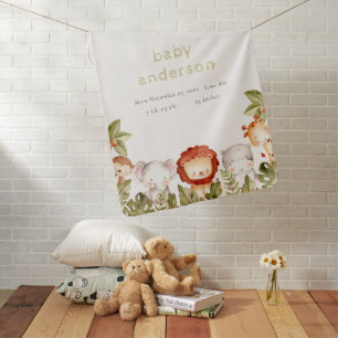Cute Wild Tropical Safari Animals Baby Birth Stats Blanket