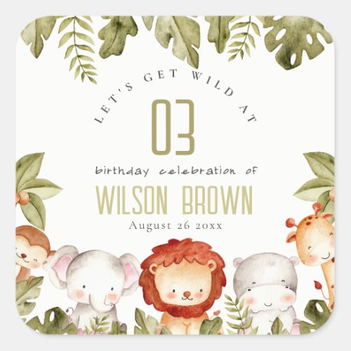 Cute Wild Tropical Safari Animals Kids Birthday Square Sticker