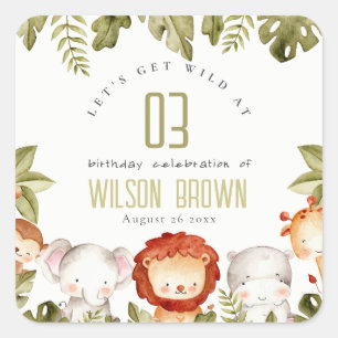 Cute Wild Tropical Safari Animals Kids Birthday Square Sticker
