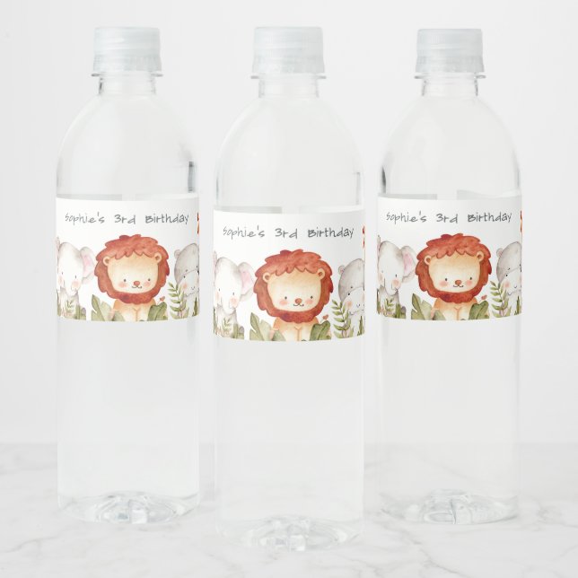 Cute Wild Tropical Safari Animals Kids Birthday Water Bottle Label (Bottles)