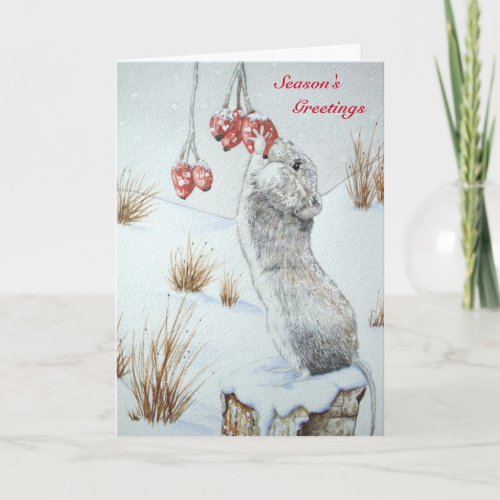 Cute wild wood mouse eating berries snow scene holiday card