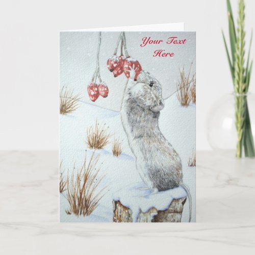 Cute wild wood mouse red berries snow scene art holiday card