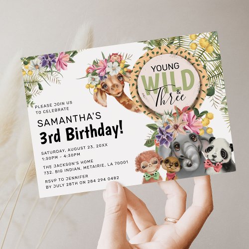 Cute Wild Young  Three Jungle 3rd Birthday Party Invitation