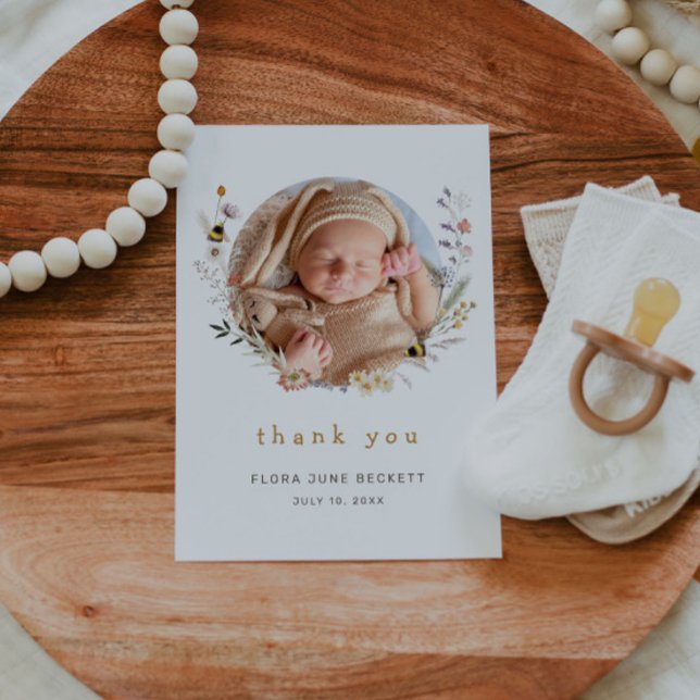 Cute Wildflower and Bees Photo Baby Shower  Thank You Card (Creator Uploaded)