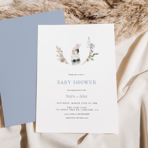 Cute Wildflower Bunny Dusty Blue Baby Shower Invitation