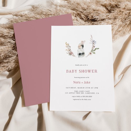Cute Wildflower Bunny Dusty Rose Baby Shower Invitation