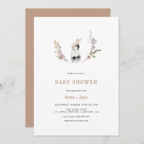 Cute Wildflower Bunny Tan Baby Shower Invitation