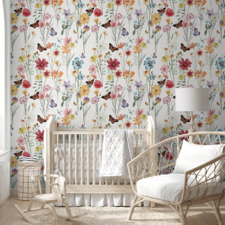 Cute Wildflower Floral and Butterfly Girl Nursery Wallpaper