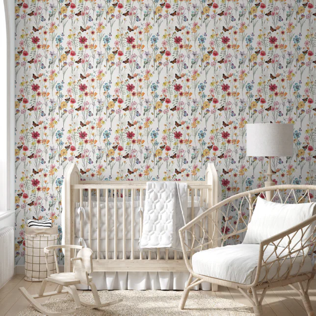 Cute Wildflower Floral and Butterfly Girl Nursery Wallpaper | Zazzle