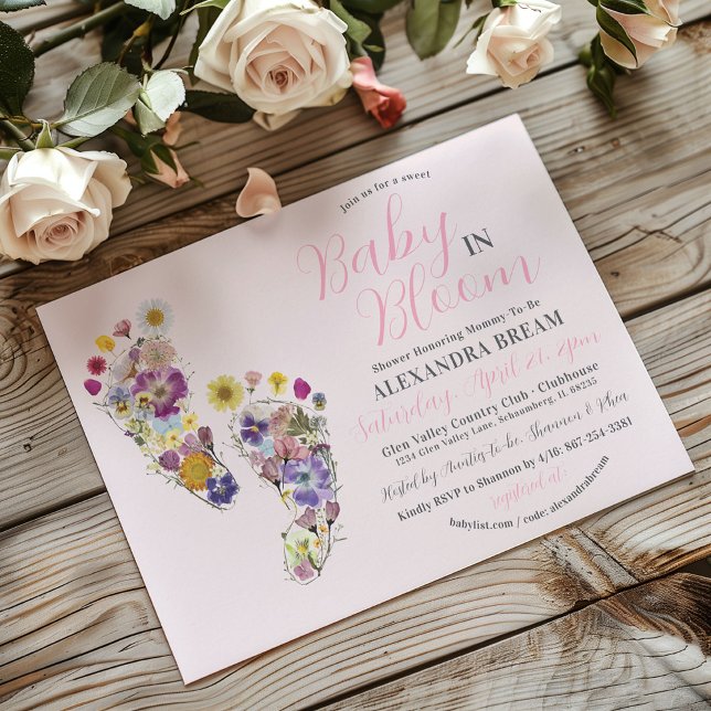 Cute Wildflower Footprints Baby Girl Shower Invite (Pressed wildflowers Baby in Bloom pink gingham daisy floral footprints baby girl shower invitation)