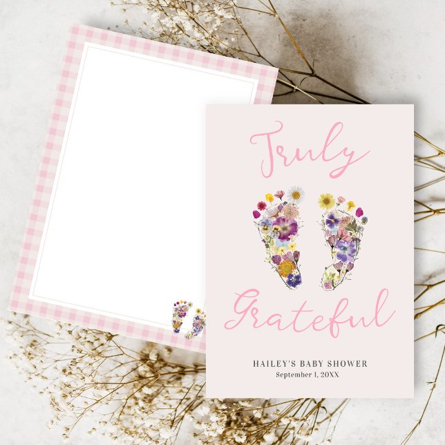 Cute Wildflower Footprints Pink Baby Shower Thank You Card (Cute pink Truly Grateful pressed wildflower footprints floral girl baby shower flat thank you card)