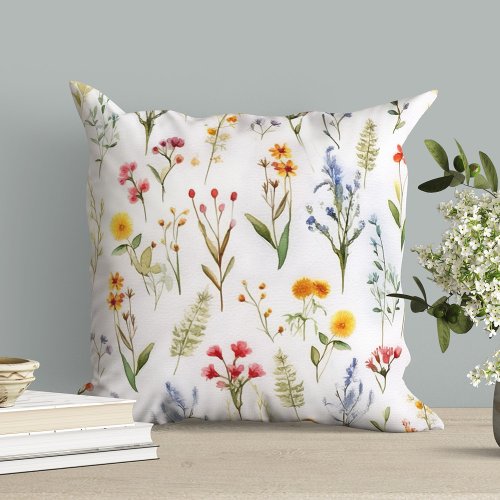 Cute Wildflower Watercolor Botanical Summer Throw Pillow