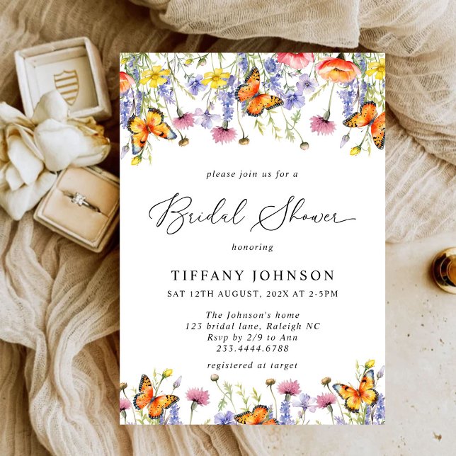 Cute Wildflowers Butterflies Floral Bridal Shower  Invitation (Creator Uploaded)