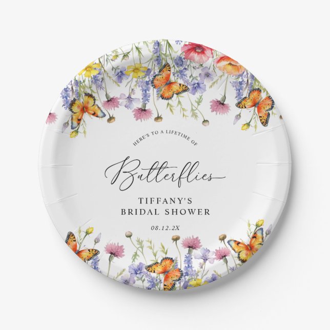 Cute Wildflowers Butterflies Floral Bridal Shower  Paper Plates (Front)