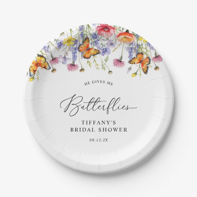 Cute Wildflowers Butterflies Floral Bridal Shower  Paper Plates (Front)