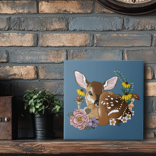 Cute Wildflowers Fawn Blue Baby Deer Woodland Ceramic Tile