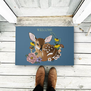 Cute Wildflowers Fawn Blue Baby Deer Woodland Doormat