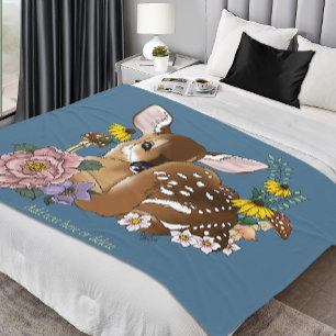 Cute Wildflowers Fawn Blue Baby Deer Woodland Fleece Blanket