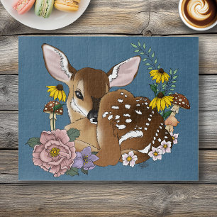 Cute Wildflowers Fawn Blue Baby Deer Woodland Jigsaw Puzzle
