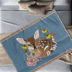 Cute Wildflowers Fawn Blue Baby Deer Woodland Throw Blanket
