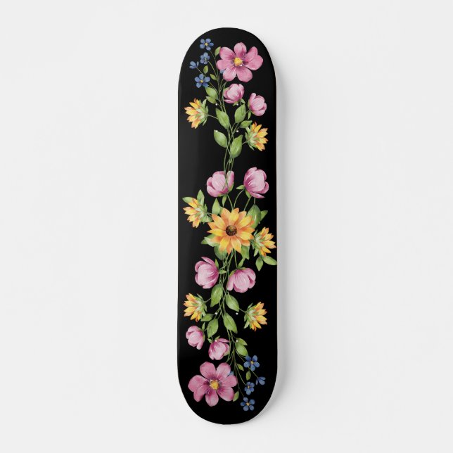 Cute Wildflowers on Black Skateboard (Front)