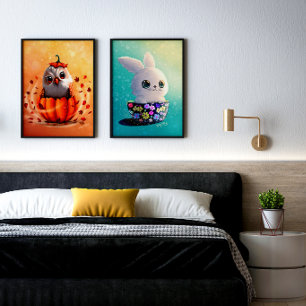 cute wildlife Forest: spring bunny & autumn owl Wall Art Sets