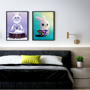 cute wildlife Forest: spring bunny & Winter fox Wall Art Sets