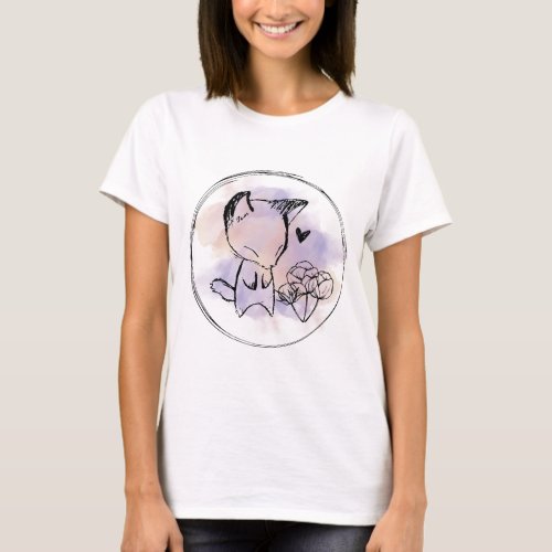 Cute Wildlife Fox Digital Outline Drawing T_Shirt