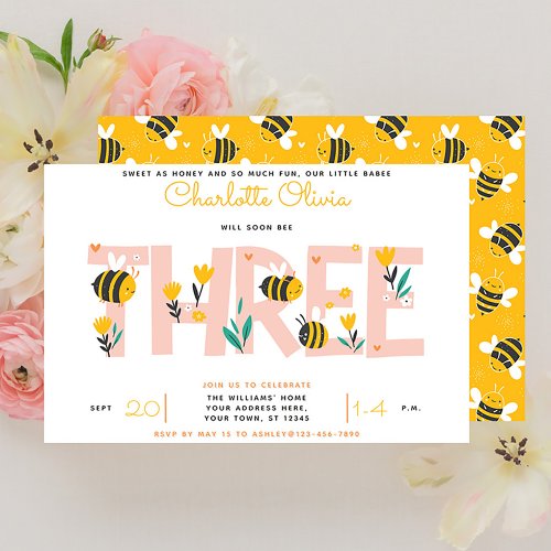 Cute Will Soon Bee Three Girl Floral 3rd Birthday Invitation