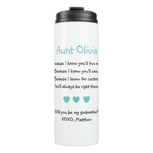 Cute Will You Be My Godmother Turquoise Hearts Thermal Tumbler