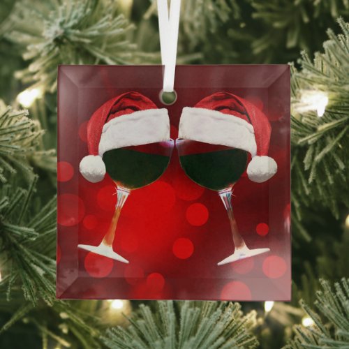 Cute Wine and Santa Hat Cheers Happy Holidays Glass Ornament