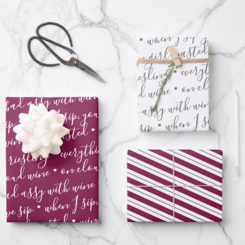 Cute Wine Gift Typography Stripes  Wrapping Paper Sheets