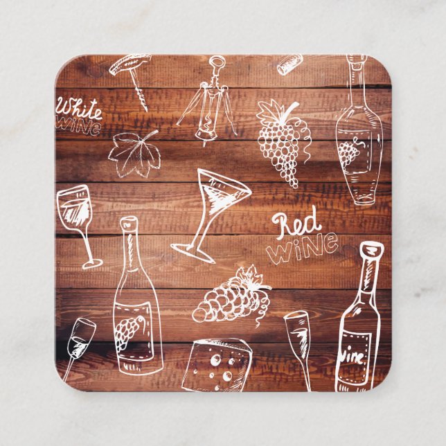 Cute Wine Illustrations and Wood Panel Rustic Square Business Card (Front)