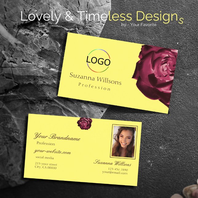 Cute Wine Red Rose Plain Yellow with Logo Photo Business Card (Creator Uploaded)