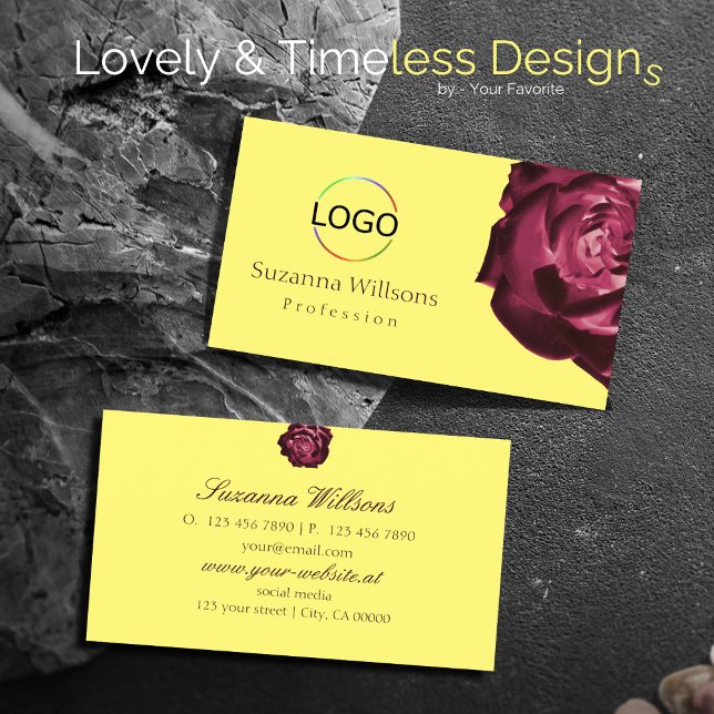 Cute Wine Red Rose Plain Yellow with Logo Simple Business Card (Creator Uploaded)