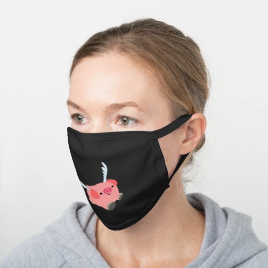 Cute Winged Cartoon Pig Black Cotton Face Mask (Angled)