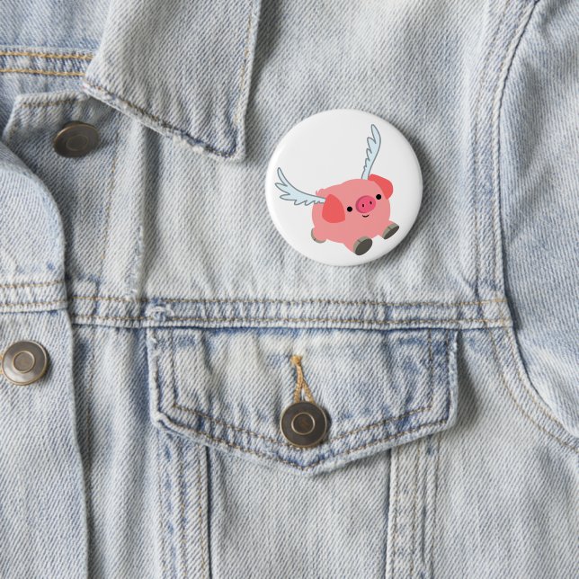 Cute Winged Cartoon Pig Pinback Button (In Situ)