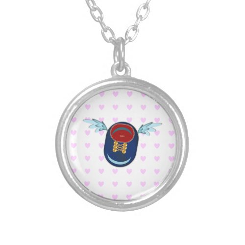 Cute winged shoe cartoon  pink hearts silver plated necklace