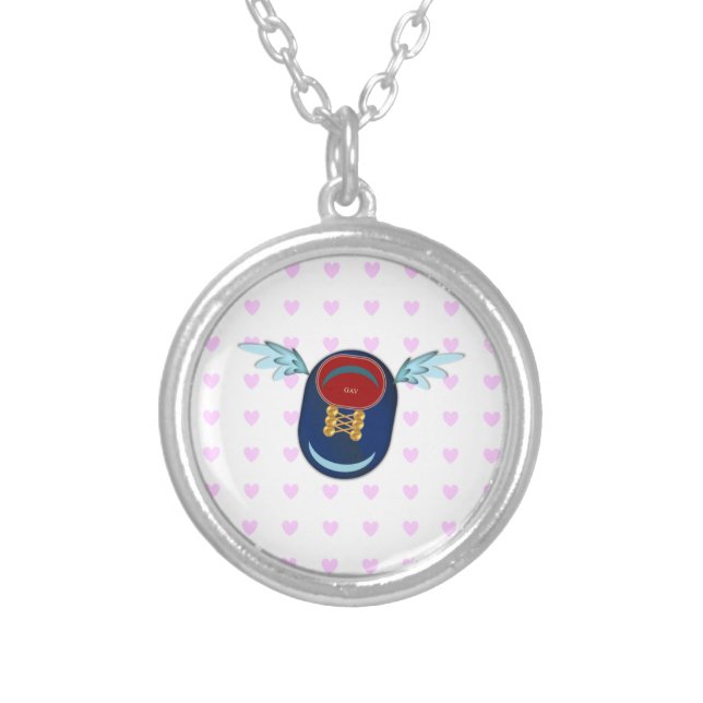 Cute winged shoe cartoon & pink hearts silver plated necklace (Front)
