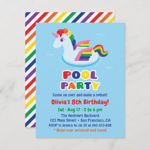 Cute Winged Unicorn Pool Float Kids Birthday Party Invitation