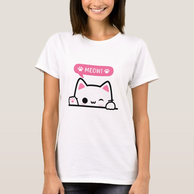 Cute Winking Cat Meow Graphic T-Shirt (Front)