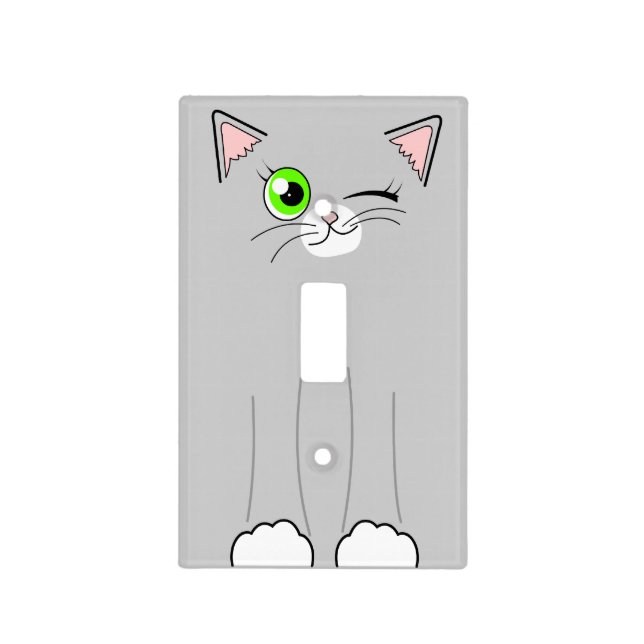 Cute Winking Grey and White Cat Cartoon Light Switch Cover (Front)