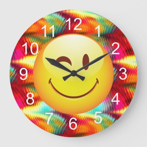 Cute Winking Happy Face and Bright Colors Large Clock