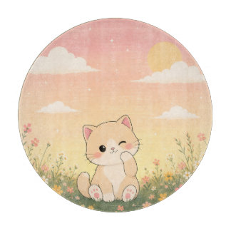 Cute Winking Kitten in Wildflower Meadow Pastel Cu Cutting Board