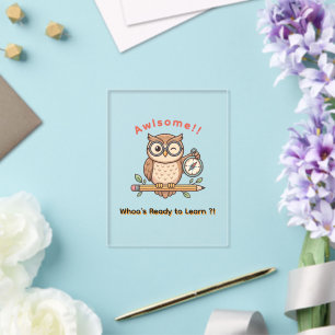 Cute Winking Owl Back to School Toon Illustration Acrylic Enclosure Card