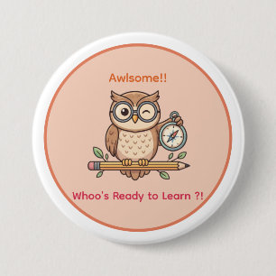 Cute Winking Owl Back to School Toon Illustration Button