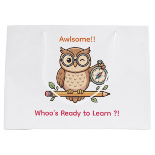 Cute Winking Owl Back to School Toon Illustration Large Gift Bag
